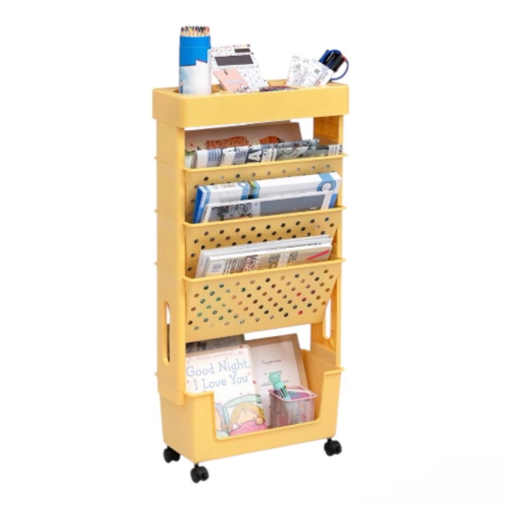📚✨ CINPIUK Slim Rolling Paper Organizer – Yellow 💛 5-Tier Rolling Cart ✨📚